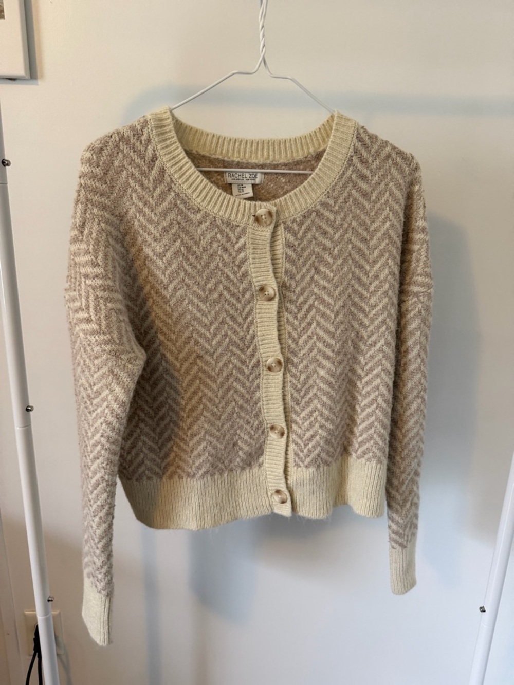Rachel Zoe Cream & Beige Chevron Knit Cardigan